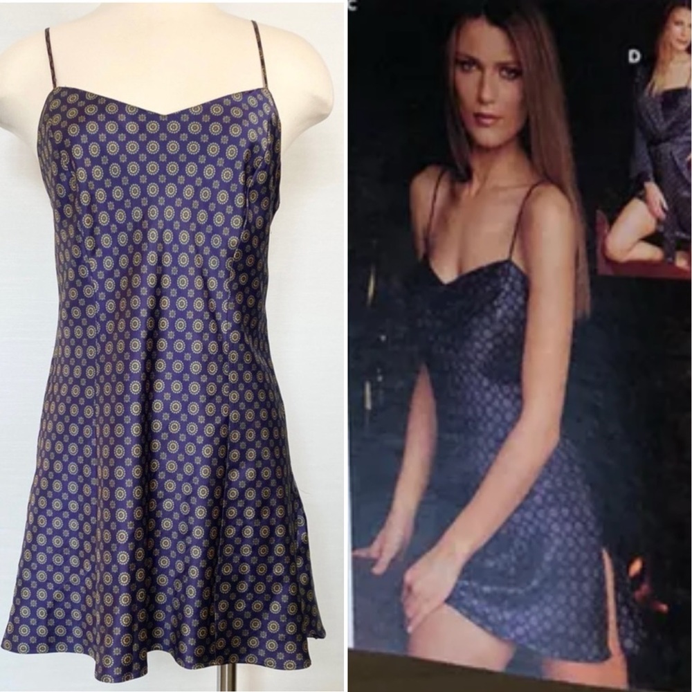 2001 Victoria’s Secret Silky Satin Purple Menswear Print Chemise Slip Dress M🔥